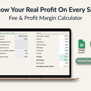 Etsy fee and profit margin calculator spreadsheet for Google Sheets and Excel showing net profit and margin