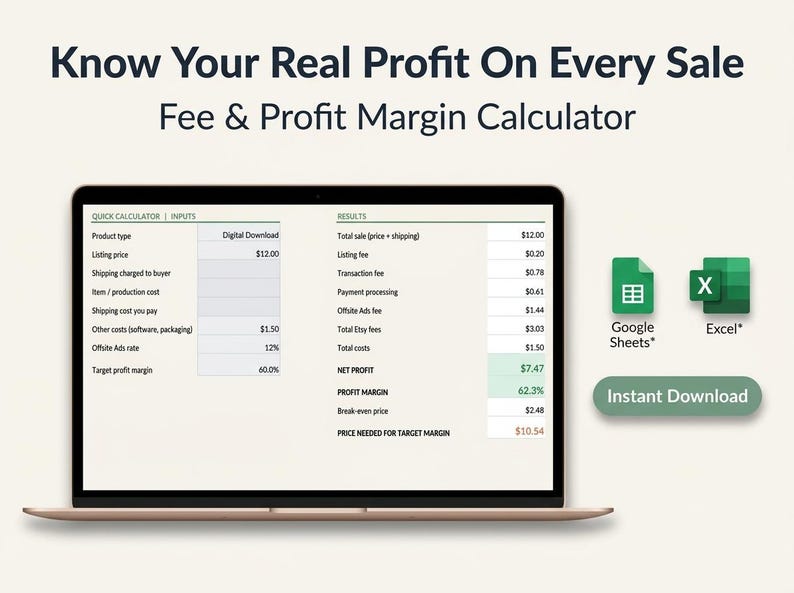 Etsy fee and profit margin calculator spreadsheet for Google Sheets and Excel showing net profit and margin