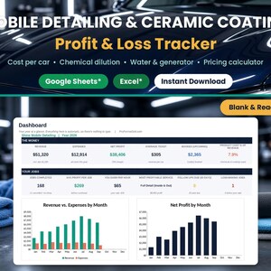 Mobile detailing and ceramic coating profit and loss tracker spreadsheet for Google Sheets and Excel with cost per car, chemical dilution and pricing calculator dashboard