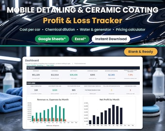 Mobile Detailing Profit Tracker, Ceramic Coating Calculator, Car Wash Template (Google Sheets, Excel)