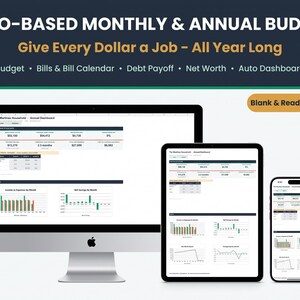 Ultimate Zero-Based Monthly & Annual Budget spreadsheet template for Google Sheets and Excel, showing the automatic Annual Dashboard with income, expenses, savings rate and net worth charts