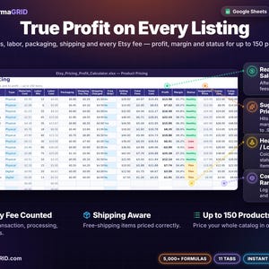 Product pricing table for handmade Etsy* shops with materials, labor, shipping, total fees, profit, margin and Healthy, Thin or Loss status for up to 150 products