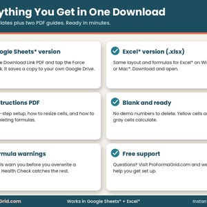 What is included: Google Sheets* Force Copy link PDF, Excel* .xlsx file, Instructions PDF, blank ready-to-use templates, formula warnings and support at ProFormaGrid.com.