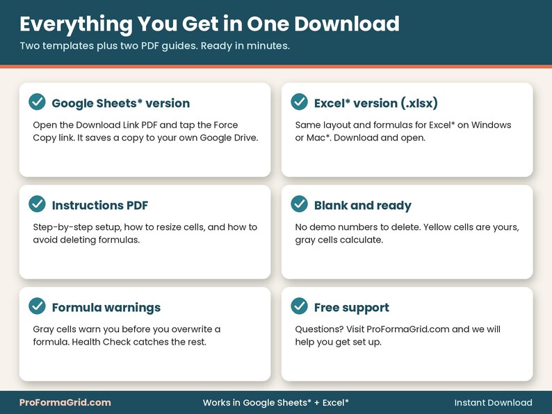 What is included: Google Sheets* Force Copy link PDF, Excel* .xlsx file, Instructions PDF, blank ready-to-use templates, formula warnings and support at ProFormaGrid.com.