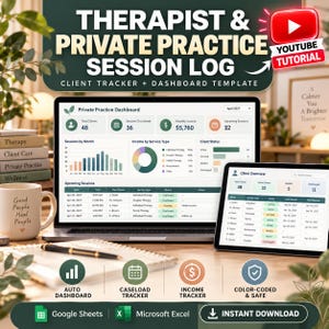 May include: A digital therapist and private practice session log template featuring a client tracker and dashboard. The interface displays bar charts, a pie chart, and a line graph, with buttons for Google Sheets, Excel, and instant download.