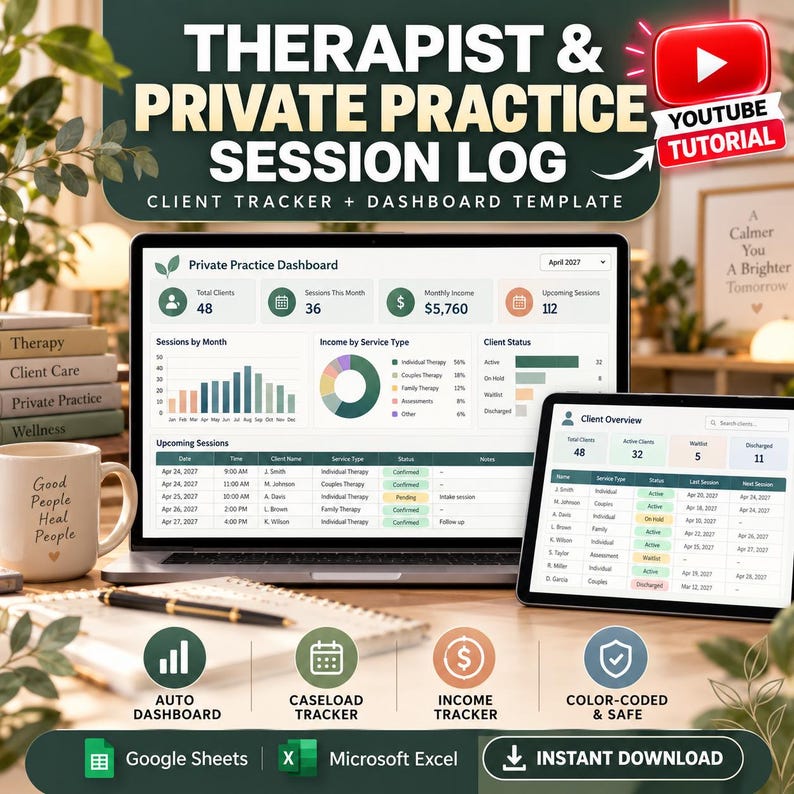 May include: A digital therapist and private practice session log template featuring a client tracker and dashboard. The interface displays bar charts, a pie chart, and a line graph, with buttons for Google Sheets, Excel, and instant download.