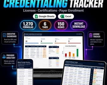 Provider Credentialing Tracker Spreadsheet, License & Payer Enrollment Log (Excel/Google Sheets)