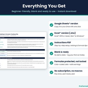 What's included: Google Sheets* version, Excel* .xlsx version, Instructions PDF, blank template, color-coded formula protection, no subscription or macros.