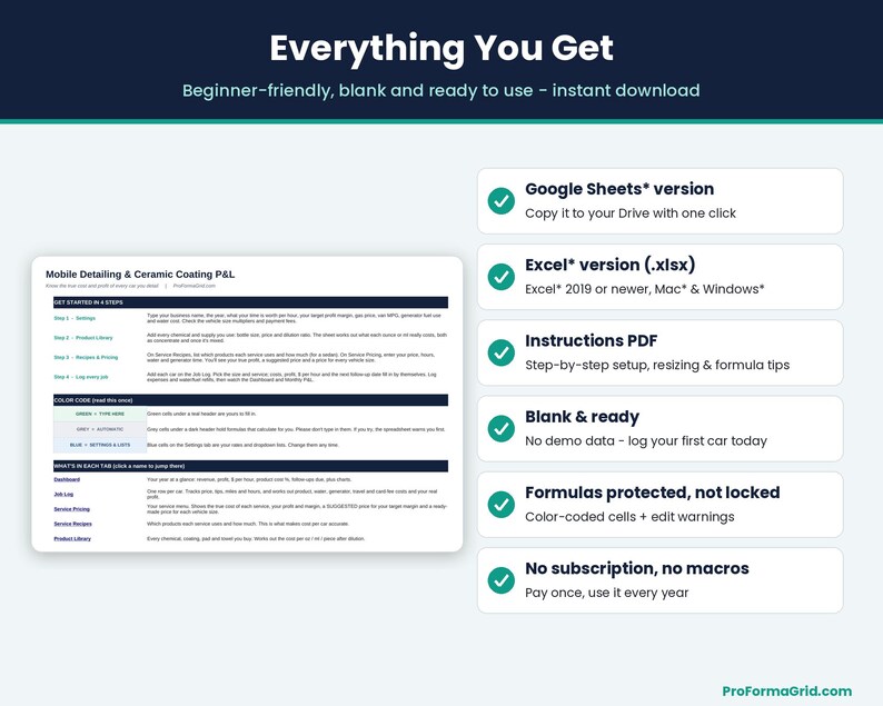 What's included: Google Sheets* version, Excel* .xlsx version, Instructions PDF, blank template, color-coded formula protection, no subscription or macros.