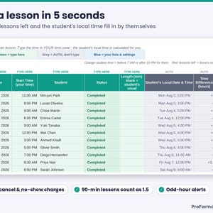 Lesson log template for private tutors that calculates credits used, lesson value, lessons left and the student's local time, with late cancel and no-show charges.