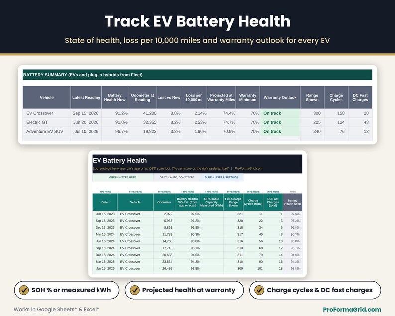 EV battery maintenance tracker logging state of health, usable kWh, range, charge cycles and DC fast charges, with loss per 10,000 miles and warranty outlook.