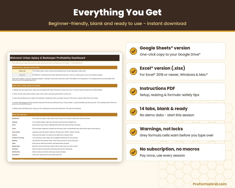 Overview of the included files for Google Sheets* and Microsoft* Excel* along with the setup instructions PDF guide.