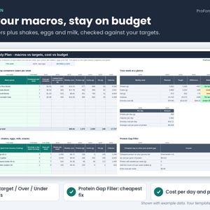 Weekly Plan tab comparing weekly protein, carbs, fat and calories to macro targets and grocery budget, with a Protein Gap Filler.