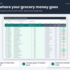 Shopping Log tab tracking grocery spending by month, store and category with cheaper or pricier than usual flags.
