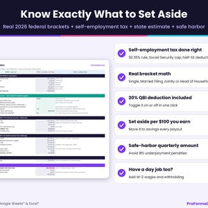 Self-employment tax estimator sheet calculating 2026 federal tax brackets, QBI deduction, self-employment tax, and recommended tax savings per 100 dollars.