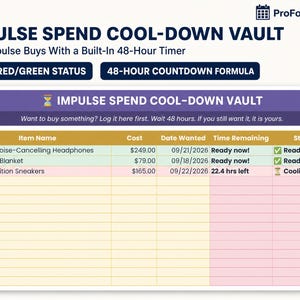 Impulse spending cool-down vault tab with automatic 48-hour countdown timer and red/green status