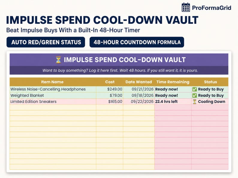 Impulse spending cool-down vault tab with automatic 48-hour countdown timer and red/green status