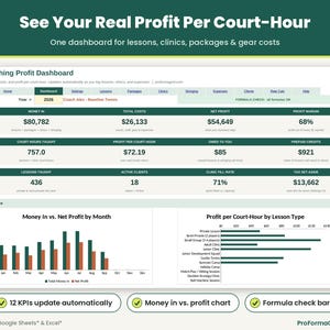 Financial dashboard tab displaying net profit, margin, total court hours, tax set-aside, monthly P&L summary, and profit charts in Google Sheets* and Microsoft* Excel*.