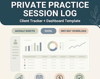 Therapist Session Log, Private Practice Client Tracker, Caseload Dashboard (Google Sheets, Excel)