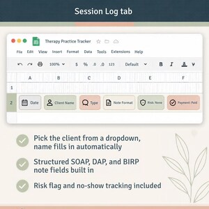 K&ouml;nnte beinhalten: Eine digitale Tabellenkalkulations-Schnittstelle Therapy Practice Tracker mit einem Session Log-Tab. Die &Uuml;berschrift lautet LOG A SESSION IN SECONDS. Spalten umfassen Date, Client Name, Type, Note Format, Risk: None und Payment: Paid. Enth&auml;lt Dropdown-Men&uuml;s, SOAP-, DAP- und BIRP-Notizfelder, Risikoflaggen und &uuml;ber 50 Zeilen.