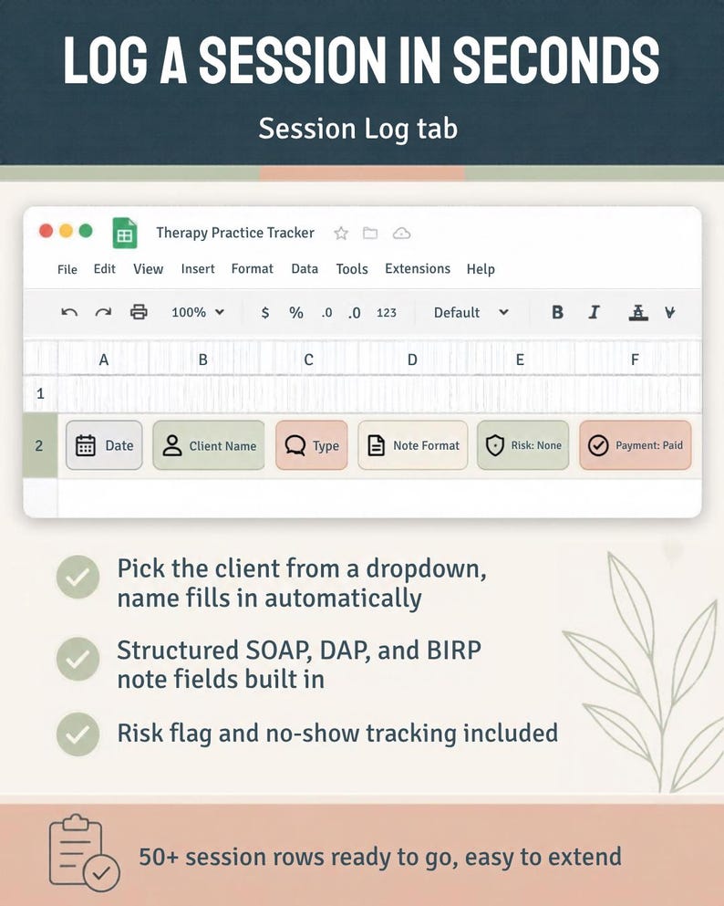 K&ouml;nnte beinhalten: Eine digitale Tabellenkalkulations-Schnittstelle Therapy Practice Tracker mit einem Session Log-Tab. Die &Uuml;berschrift lautet LOG A SESSION IN SECONDS. Spalten umfassen Date, Client Name, Type, Note Format, Risk: None und Payment: Paid. Enth&auml;lt Dropdown-Men&uuml;s, SOAP-, DAP- und BIRP-Notizfelder, Risikoflaggen und &uuml;ber 50 Zeilen.