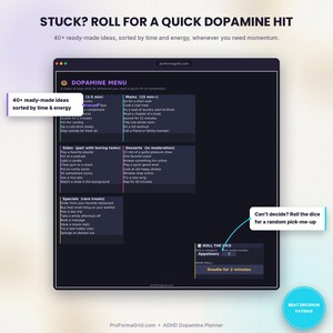 Dopamine Menu tab with 40+ quick-win activity ideas and a dice-roll randomizer for decision fatigue in this ADHD gamified planner.