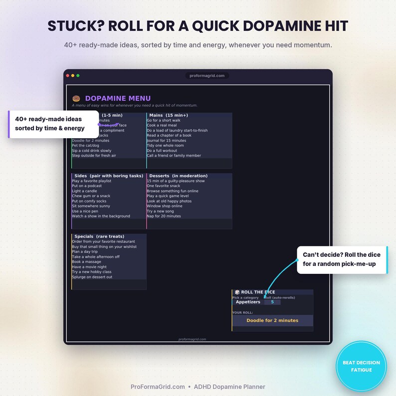 Dopamine Menu tab with 40+ quick-win activity ideas and a dice-roll randomizer for decision fatigue in this ADHD gamified planner.
