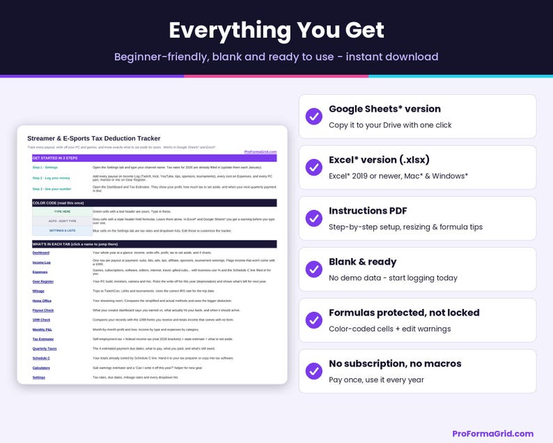 Graphic showing delivered files including PDF download links for Google Drive*, native Excel* spreadsheet file, and printable user instructions guide.