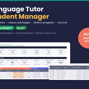Language Tutor Student Manager spreadsheet for Google Sheets and Excel: dashboard and weekly schedule with automatic time zone and daylight saving for online language tutors.