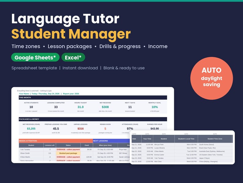 Language Tutor Student Manager spreadsheet for Google Sheets and Excel: dashboard and weekly schedule with automatic time zone and daylight saving for online language tutors.