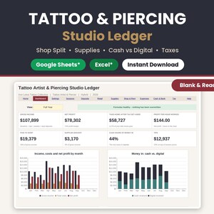 Tattoo artist spreadsheet cover showing the studio ledger dashboard with Google Sheets* and Excel* badges, a blank and ready to use tattoo shop bookkeeping template.