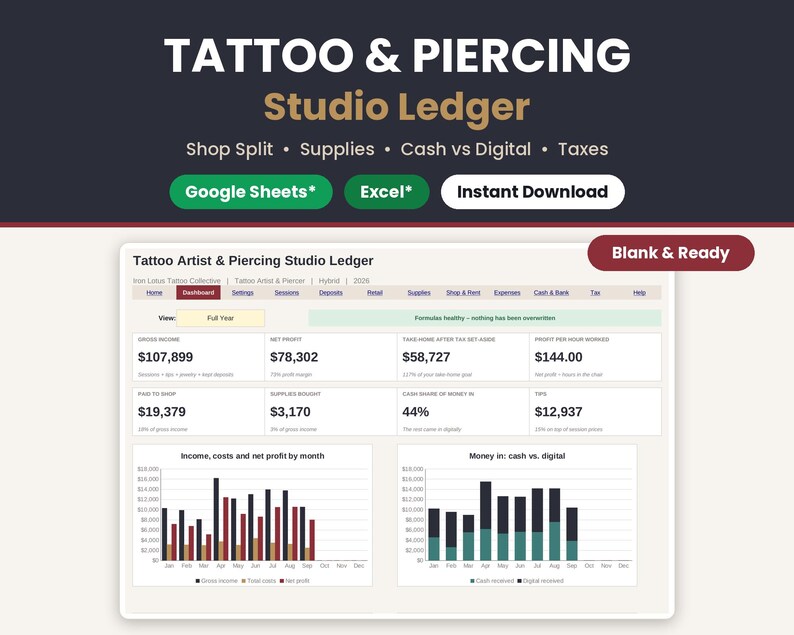 Tattoo artist spreadsheet cover showing the studio ledger dashboard with Google Sheets* and Excel* badges, a blank and ready to use tattoo shop bookkeeping template.