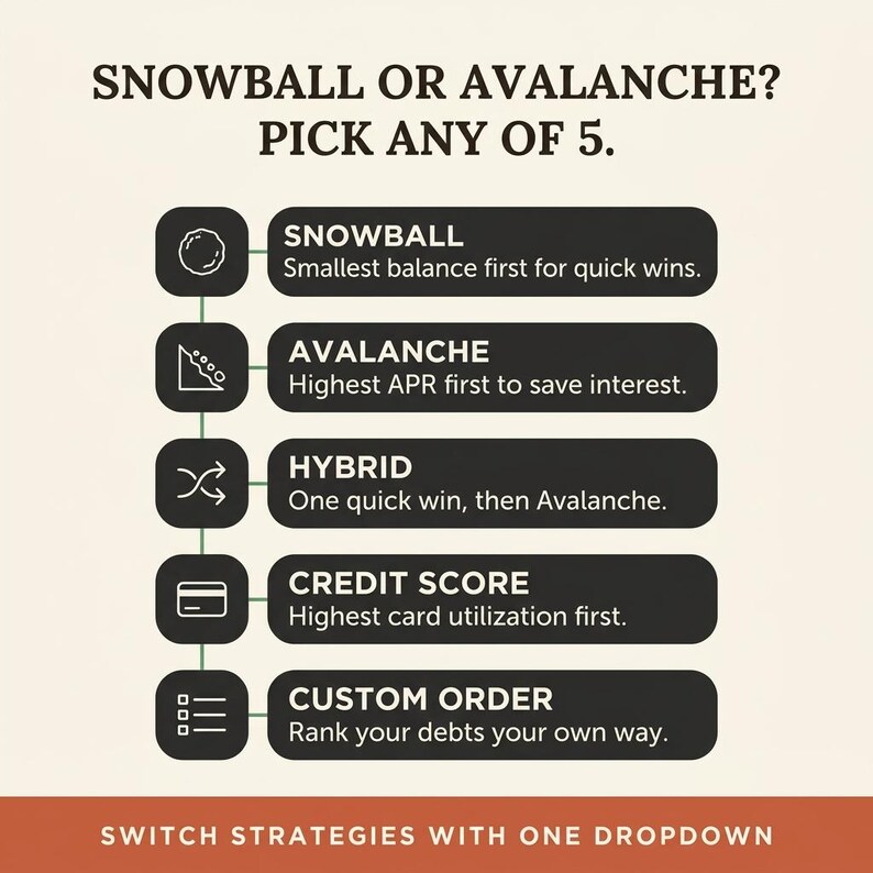 Infographic displaying 5 debt payoff strategies: Snowball, Avalanche, Hybrid, Credit Score utilization-first, and Custom order.