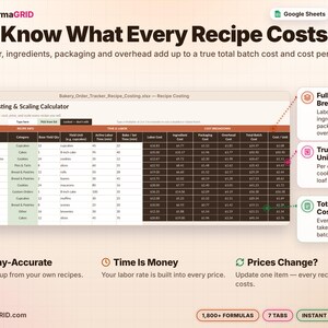 Recipe costing calculator tab showing labor, ingredient, packaging and overhead cost for each recipe with total batch cost and cost per unit