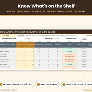 Inventory tracking tab showing finished jar stocks, bucket honey volume, low stock alerts, and total shelf value.