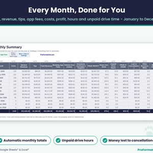 Monthly summary for a pet care business showing visits, revenue, tips, app fees, vehicle costs, profit, hours and unpaid drive hours from January to December.