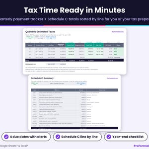 Quarterly tax tracker showing estimated payment due dates alongside a line-by-line Schedule C tax summary and year-end checklist.