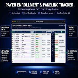 Insurance payer enrollment tracking sheet displaying provider panel statuses, submission dates, and color-coded urgency badges in Microsoft Excel*.