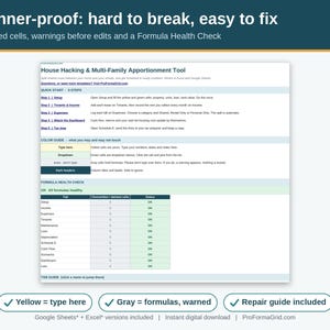 Start Here tab with color-coded cells, formula health check and repair guide so beginners do not break the landlord spreadsheet formulas