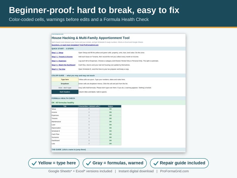 Start Here tab with color-coded cells, formula health check and repair guide so beginners do not break the landlord spreadsheet formulas