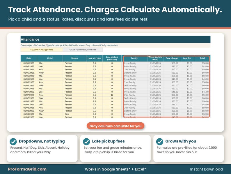 Daycare attendance log spreadsheet with child and status dropdowns, hours, late pickup minutes and automatic care charges, late fees and totals.