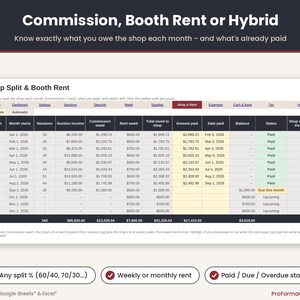 Booth renter profit calculator tab showing monthly commission and booth rent owed to the shop, amount paid, balance and paid or due status.