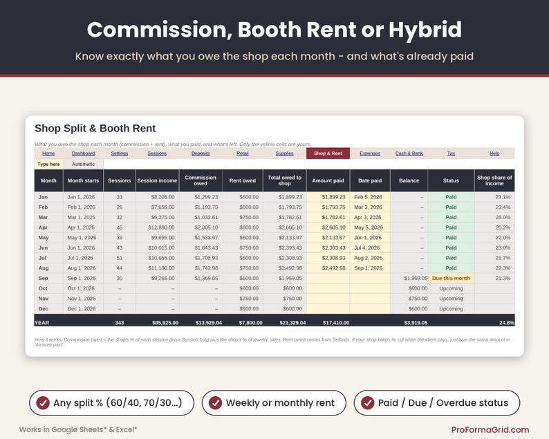 Booth renter profit calculator tab showing monthly commission and booth rent owed to the shop, amount paid, balance and paid or due status.