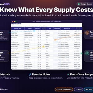 Materials cost tracker spreadsheet converting bulk supply pack prices into cost per unit, with supplier, reorder notes and last price update date