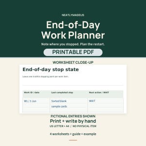 Può includere: Un foglio di lavoro digitale End-of-Day Work Planner in PDF stampabile. Il documento presenta una tabella intitolata End-of-day stop state con colonne per Work ID/date, Last completed step e Next action/WAIT. Il testo include Neatlymadeus e A4.