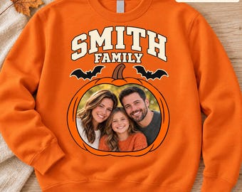 Personalized Smith Family Pumpkin Photo Sweatshirt | Halloween Family Crewneck