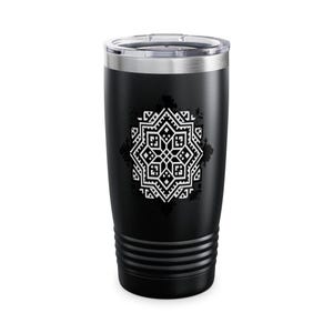 May include: A matte black stainless steel tumbler with a clear plastic lid. The exterior features a white geometric star-shaped pattern centered on the front. The base of the tumbler has a series of horizontal ridges encircling the lower section.