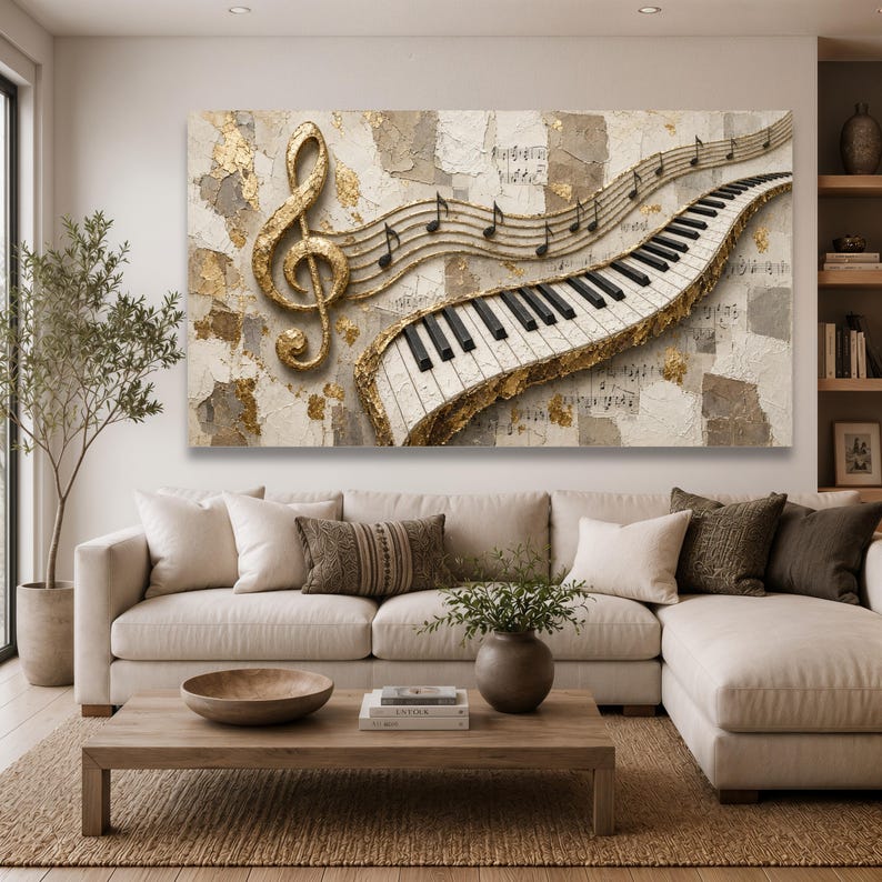 Piano Wall Art, Curved Keyboard With Musical Notes, Gold and Neutral