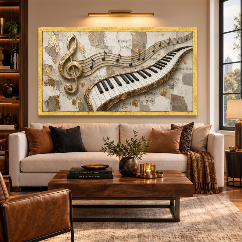 Piano Wall Art, Curved Keyboard With Musical Notes, Gold and Neutral