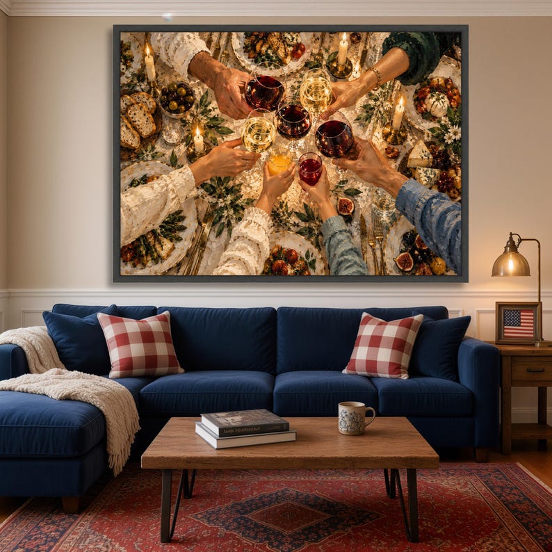 Dinner Party Wall Art, Overhead Table Scene With Wine Glasses and